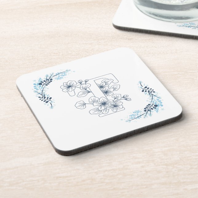 Initial "T" Blue Monogram Calm Floral Coaster (Left Side)