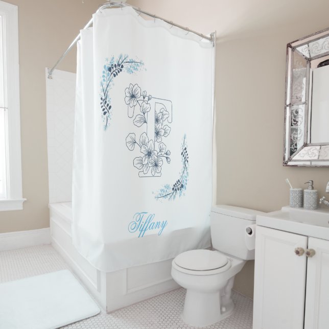 Initial "T" Blue Monogram Calm Floral Shower Curtain (In Situ)