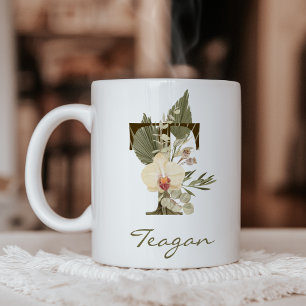 Initial T Boho Floral Orchid Greenery Custom Name Coffee Mug