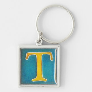 initial T  keychain, cloisonne, yellow and aqua Key Ring