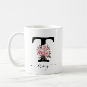 Initial T Monogram Floral Flower Pink Roses Mug