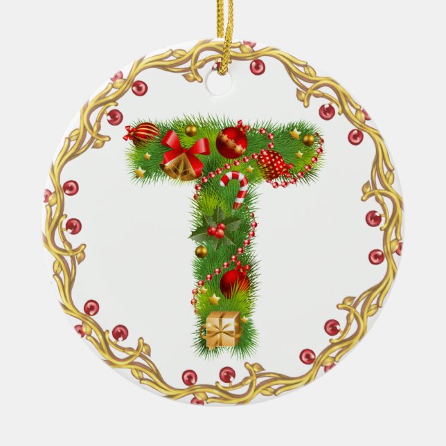 initial T monogrammed christmas ornament - circle (Front)
