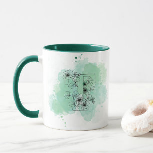 Initial T Watercolor Monogram Green Botanical  Mug