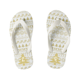 Initial - Teal/White Christmas Fun Font Pattern Kid's Flip Flops