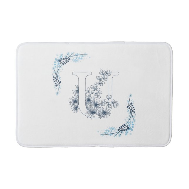 Initial "U" Blue Monogram Calm Floral Bath Mat (Front)