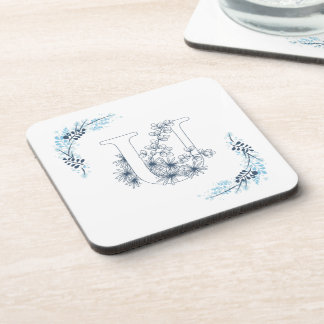 Initial "U" Blue Monogram Calm Floral Coaster