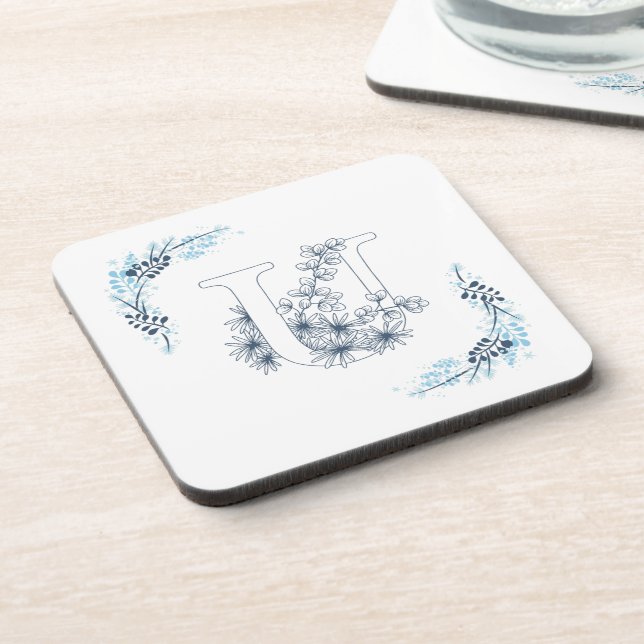 Initial "U" Blue Monogram Calm Floral Coaster (Left Side)