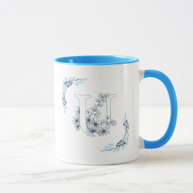 Initial "U" Blue Monogram Calm Floral Coffee Mug (Right)