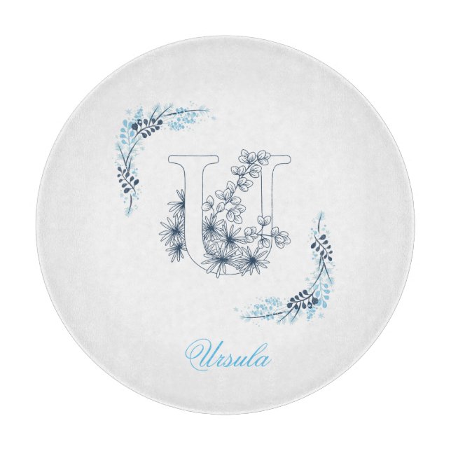 Initial "U" Blue Monogram Calm Floral Cutting Board (Front)