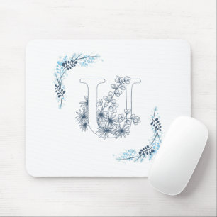 Initial "U" Blue Monogram Calm Floral Mouse Mat