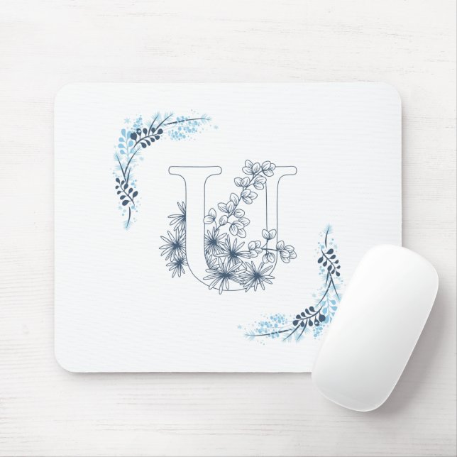 Initial "U" Blue Monogram Calm Floral Mouse Mat (With Mouse)