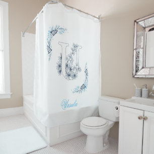 Initial "U" Blue Monogram Calm Floral Shower Curtain