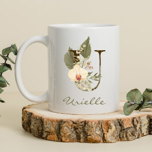Initial U Boho Floral Orchid Greenery Custom Name Coffee Mug