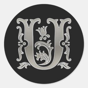 Initial U Round Sticker in silver
