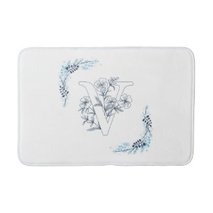 Initial "V" Blue Monogram Calm Floral Bath Mat