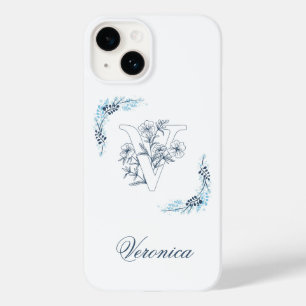 Initial "V" Blue Monogram Calm Floral Case-Mate iPhone 14 Case