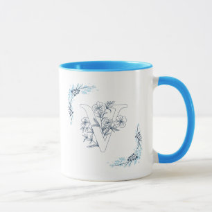 Initial "V" Blue Monogram Calm Floral Coffee Mug