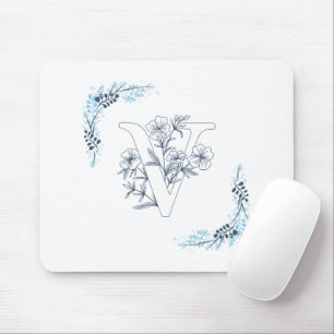 Initial "V" Blue Monogram Calm Floral Mouse Mat