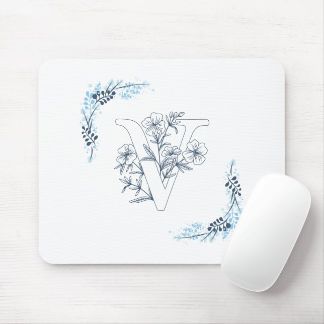 Initial "V" Blue Monogram Calm Floral Mouse Mat (With Mouse)