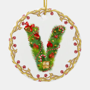 initial V monogrammed christmas ornament - circle