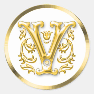 Initial V Round Sticker in Gold