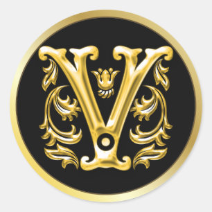 Initial V Round Sticker in Gold