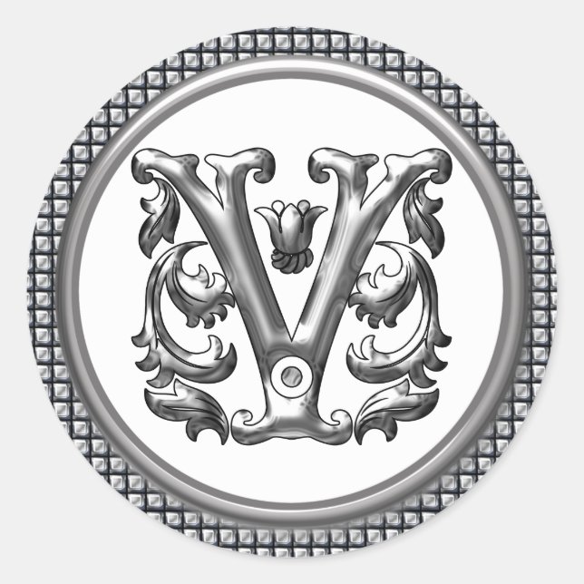 Initial V Round Sticker in Silver (Front)