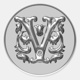 Initial V Round Sticker in silver