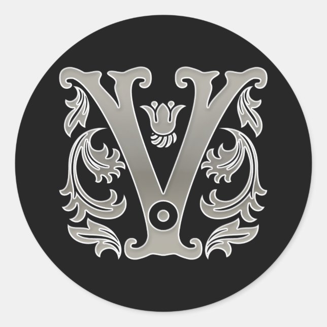 Initial V Round Sticker in silver (Front)