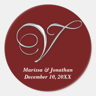 Initial V wine red monogram custom name favour sea Classic Round Sticker