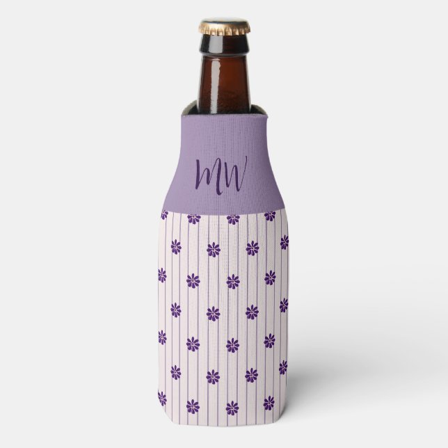 Initial Violet Stripes and Purple Flowers Bottle Cooler (Bottle Front)