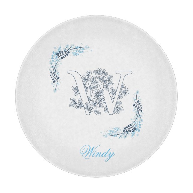 Initial "W" Blue Monogram Calm Floral Cutting Board (Front)