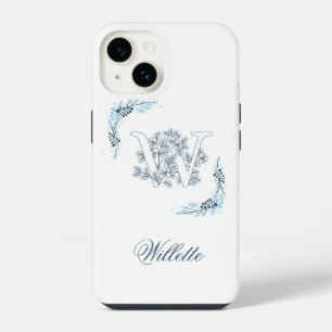 Initial "W" Blue Monogram Calm Floral iPhone 14 Case
