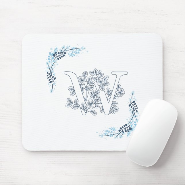 Initial "W" Blue Monogram Calm Floral Mouse Mat (With Mouse)