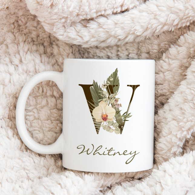 Initial W Boho Floral Orchid Greenery Custom Name Coffee Mug (Creator Uploaded)