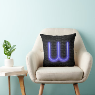 Initial W In Neon Marquee On Brick  Cushion