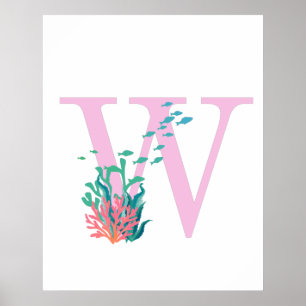 Initial W Monogram Monogram Pink Teal Ocean Poster