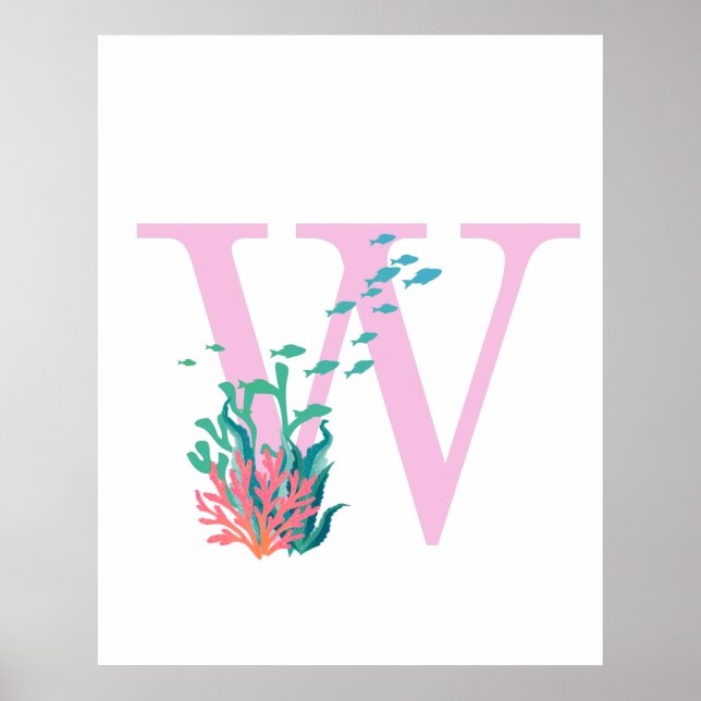 Initial W Monogram Monogram Pink Teal Ocean Poster (Front)