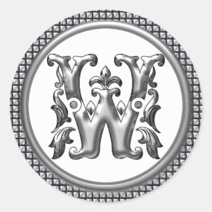 Initial W Round Sticker in Silver