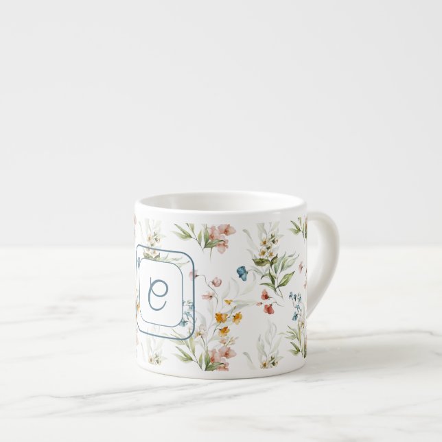 Initial, Watercolor 1600s Floral Art 6oz Espresso Cup (Front Right)