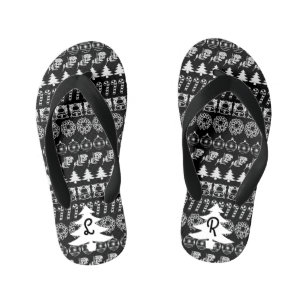 Initial - White/Black Christmas Fun Font Pattern Kid's Flip Flops