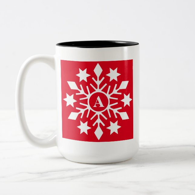 Initial Winter Snowflakes Red Christmas Two-Tone Coffee Mug (Left)