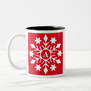 Initial Winter Snowflakes Red Christmas Two-Tone Coffee Mug