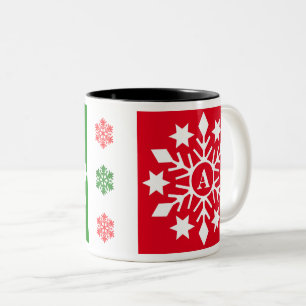 Initial Winter Snowflakes Red Green Christmas Two-Tone Coffee Mug