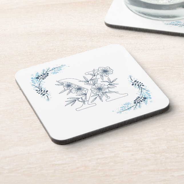 Initial "X" Blue Monogram Calm Floral Coaster (Left Side)