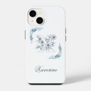 Initial "X" Blue Monogram Calm Floral iPhone 14 Case