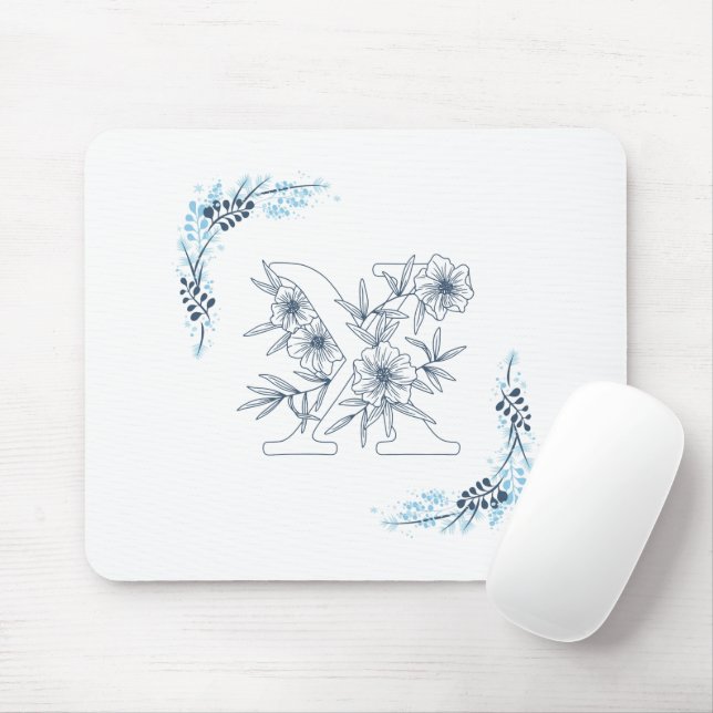 Initial "X" Blue Monogram Calm Floral Mouse Mat (With Mouse)