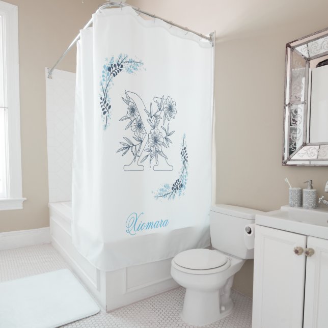 Initial "X" Blue Monogram Calm Floral Shower Curtain (In Situ)