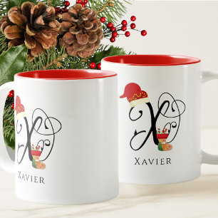 Initial X Name Elegant Modern Script Christmas Two-Tone Coffee Mug