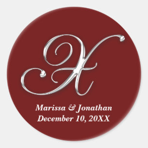 Initial X wine red monogram custom name favour sea Classic Round Sticker
